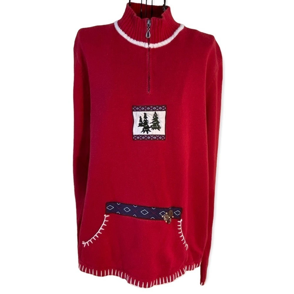 Vintage Breckenridge Grandma 1/4 Zip Turtleneck Fir Tree Sweater Red Size XL